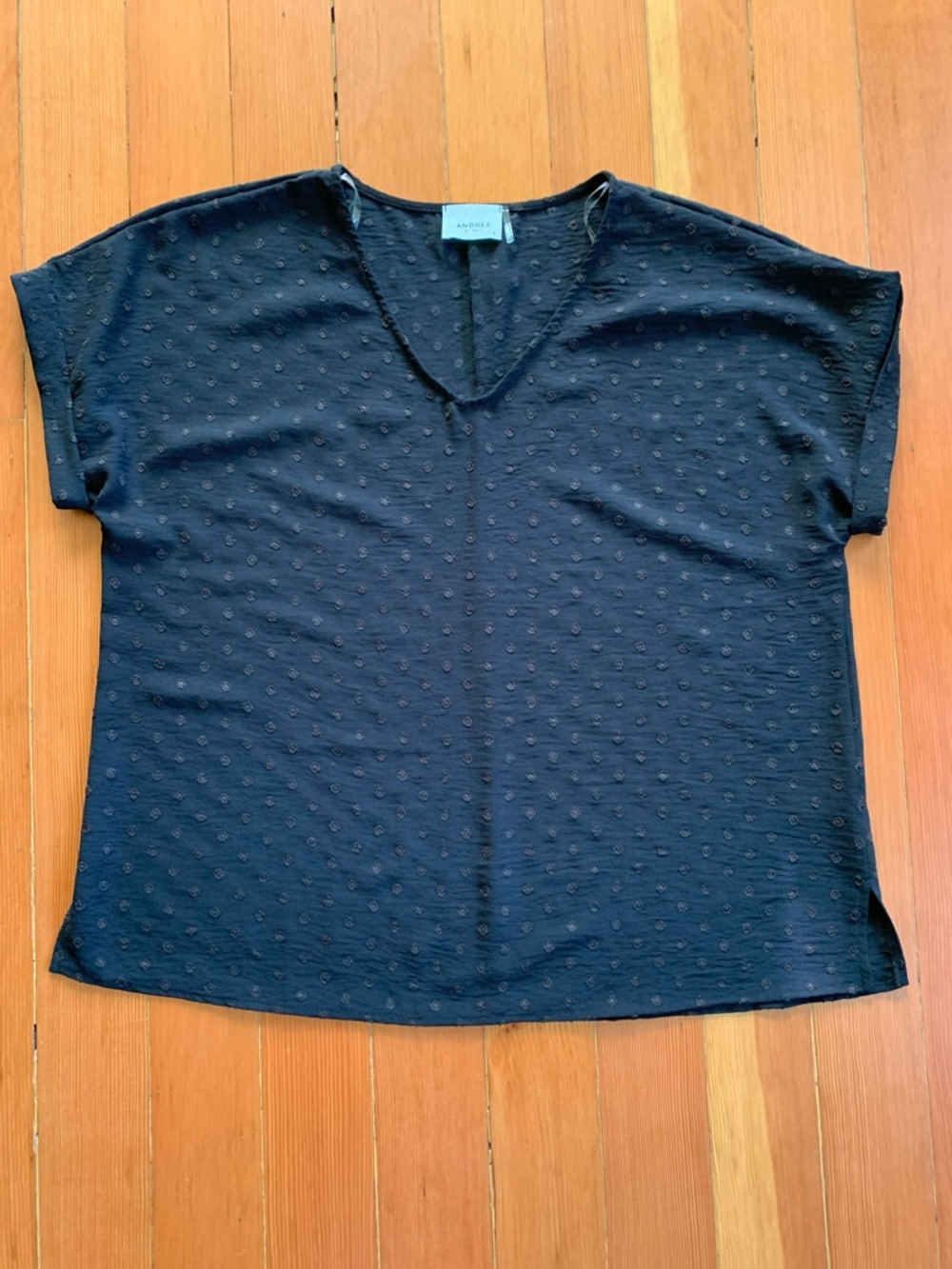 Andrée by Unit Black Subtle Swiss Dot V-Neck Short Sleeve Top Sz L